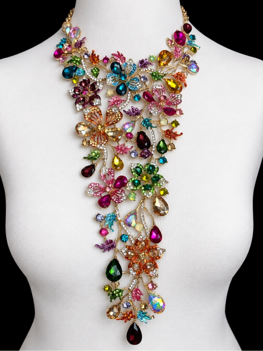 Waterfall Bib Rhinestone Gold Tone Runway Statement Floral Necklace
